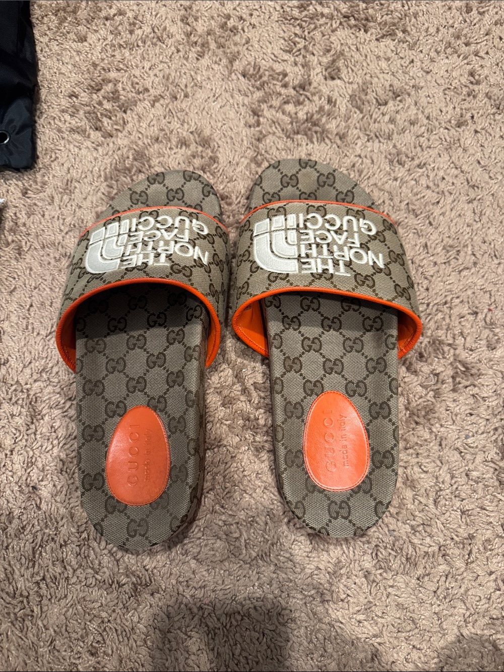 Gucci Brown Monogram Slide Sandals with Orange Trim